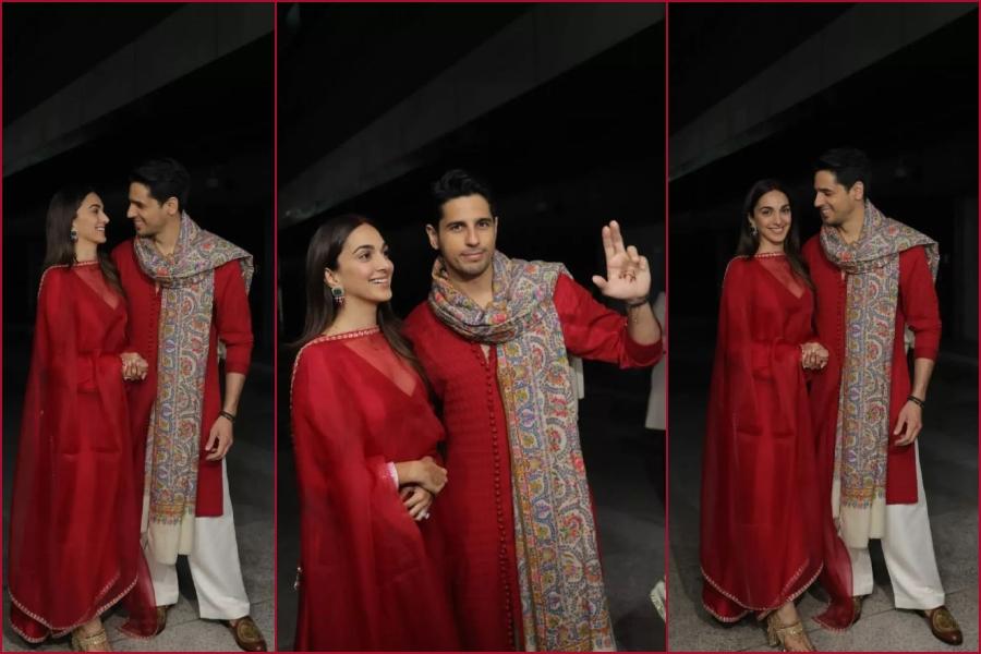 Sidharth Malhotra with wife Kiara Advani spotted at Delhi airport, twins in red, distribute sweets to paps