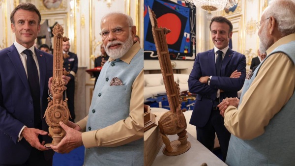 PM Modi presents sandalwood sitar to French President Emmanuel Macron