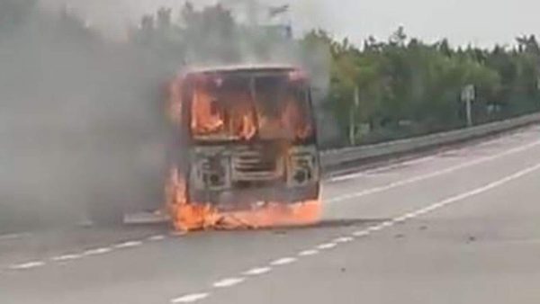 UP: Double-decker bus catches fire on Noida expressway, passengers jump off to save lives