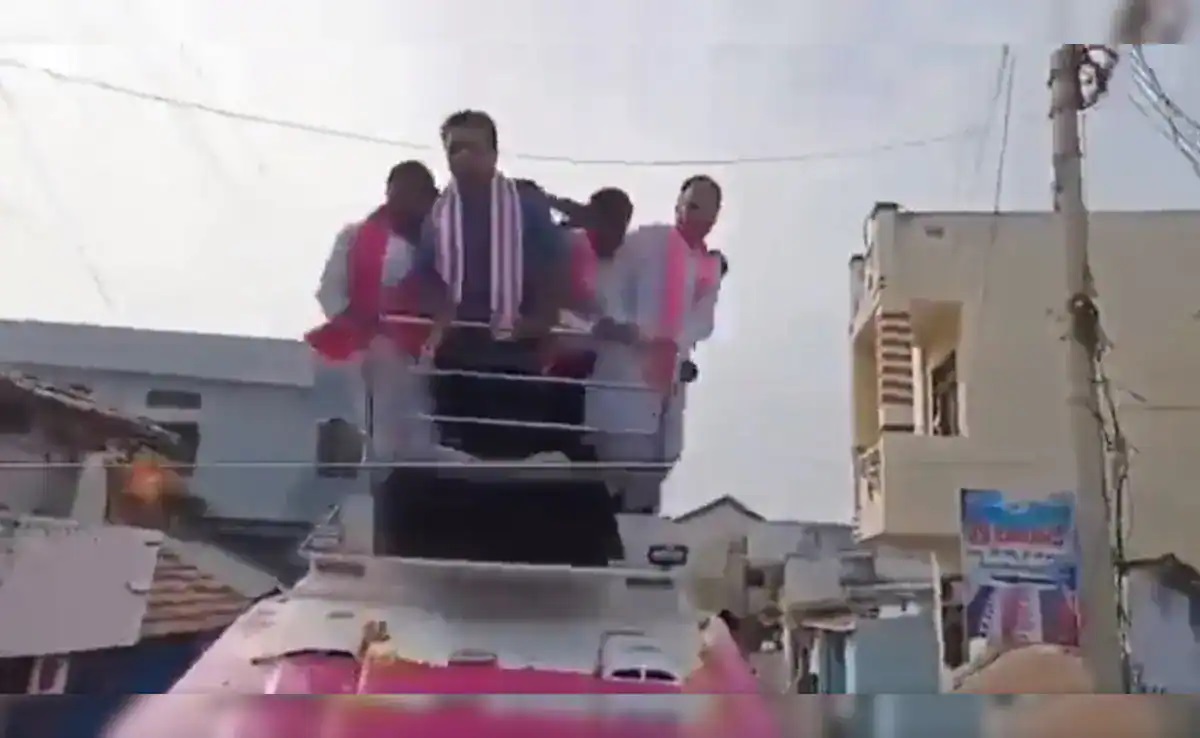 Dramatic visuals shows Telangana minister KTR almost fell off his campaign vehicle, escapes unhurt