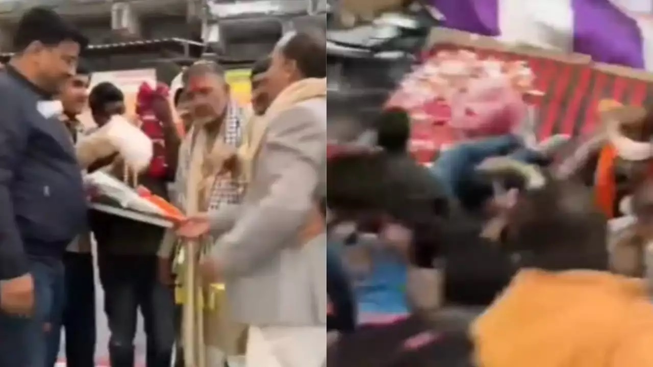 Watch: Rajasthan Minister escapes unhurt after stage collapses during welcome ceremony in Kota