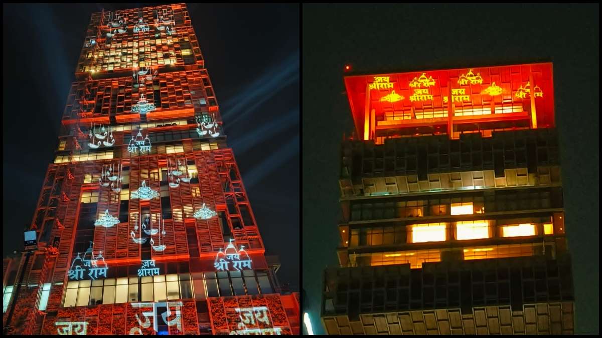 Industrialist Mukesh Ambani’s Antilia house illuminates with ‘Jai Shri Ram’ artwork ahead of Pran Pratishtha