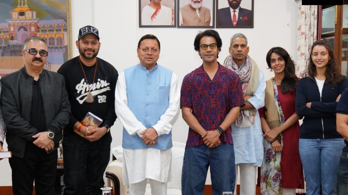 Bollywood Stars Rajkummar Rao, Mallika Sherawat Meet Uttarakhand CM Pushkar Singh Dhami