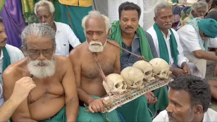 Tamil Nadu Farmers Rally in Delhi Over Crop Prices with Skulls, Bones
