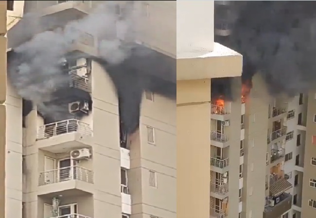 Noida AC Blast: Massive Fire Erupts at Noida High-Rise Residential Society After AC Explosion