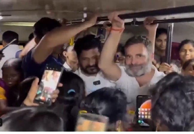 Rahul Gandhi travelled standing in a crowded govt transport bus with state CM in Hyderabad