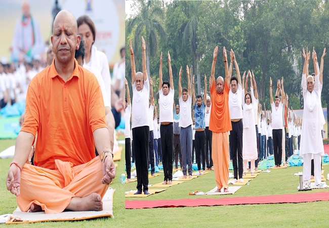 CM Yogi showed new style on Yoga Day, Practiced Yoga in saffron t-shirt