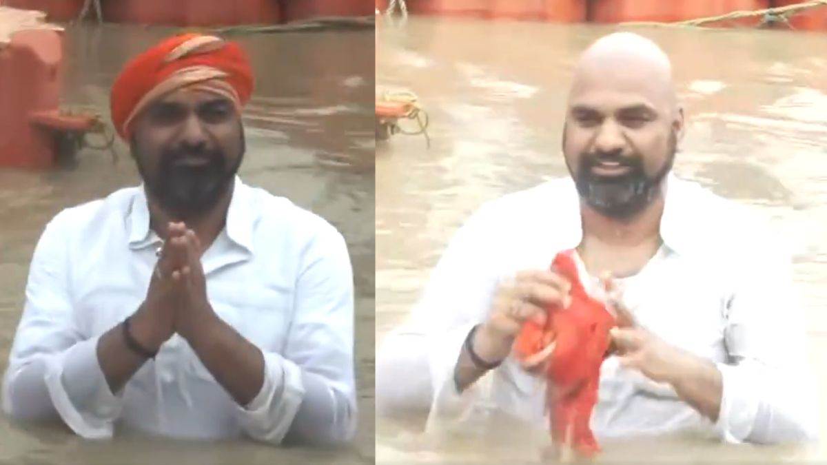 UP News: Bihar Deputy CM Samrat Chaudhary Takes a Holy Dip in Saryu River, Raises Jai Shri Ram Slogans in Ayodhya